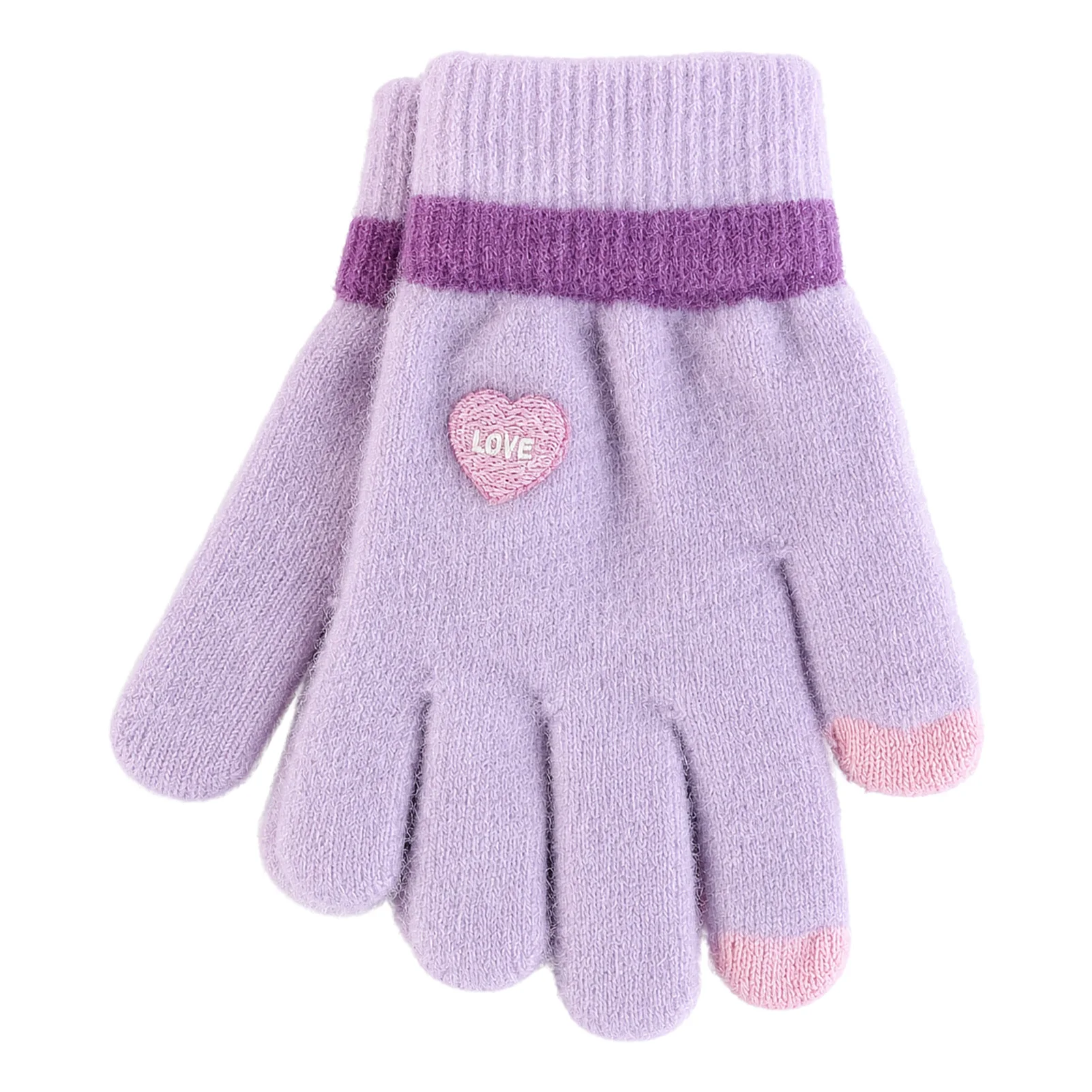 Womens Winter Touchscreen Gloves Thickened Plush Fleece Lined Warm Mittens with Heart Embroidery Candy Color Windproof Elastic