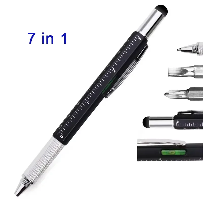 7 In1 Multifunction Ballpoint Pen with Modern Handheld Tool Measure Technical Ruler Screwdriver Touch Screen Stylus Spirit Level