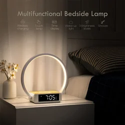 Multi-Function 3 in 1 Wireless Charger Table Lamp Bedside Night Light Digital Alarm Clock LED Reading Table Lamp for Home Decor