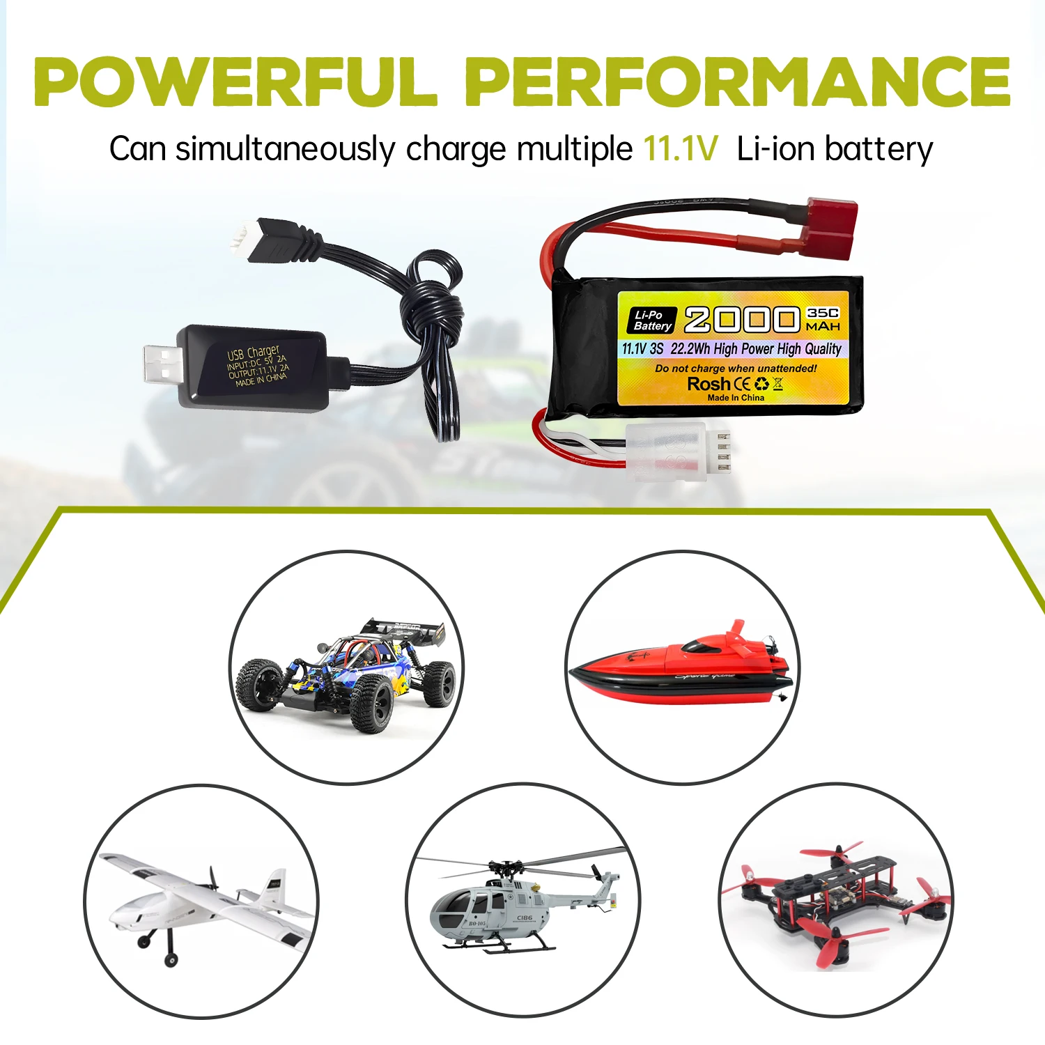 3S T-플러그 Lipo 배터리 11.1V 2000mAh 35C, RC 자동차, RC 선박, RC 드론, 쿼드콥터, FPV UAV 배터리용 USB 충전 케이블 포함