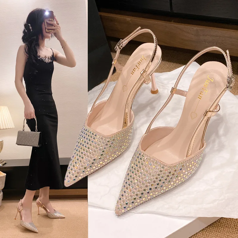 Pointed Toe Slingback Slip On Women Stiletto Heels Crystal Bling Bling Back Strap Sandals Rhinestone Shiny Party Wedding Shoes
