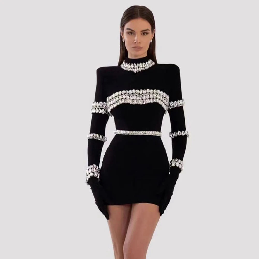 2023 New Beading Sexy Bandage Dress Women Long Sleeve Bodycon Clothes Club Party Mini Dresses