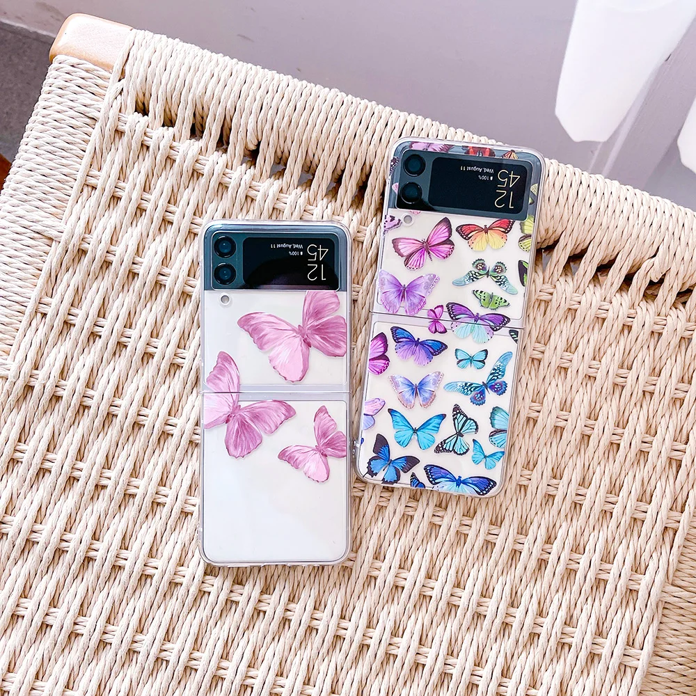 For Samsung Galaxy Z Flip 4 3 Case Butterfly Painted Bracelet For Samsung Z Flip3 Case Transparent Shockproof PC Hard Back Cover