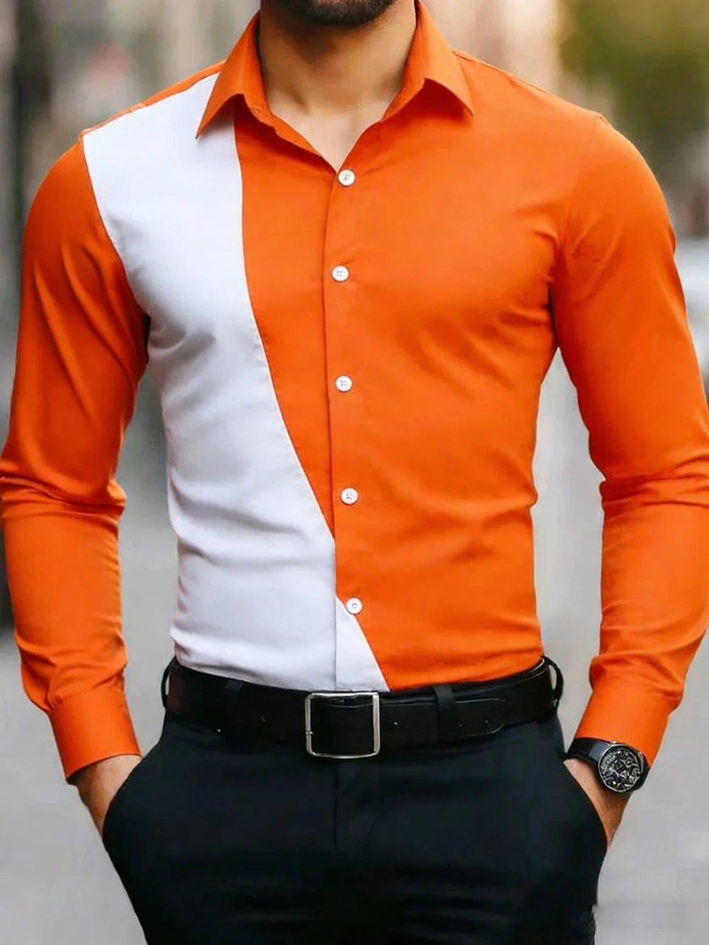 

2026 Men's Fashion Business Long Sleeve Shirt Geometric Color Blocking 3D Printed Shirt Hawaiian Vacation Party Clothes for Men