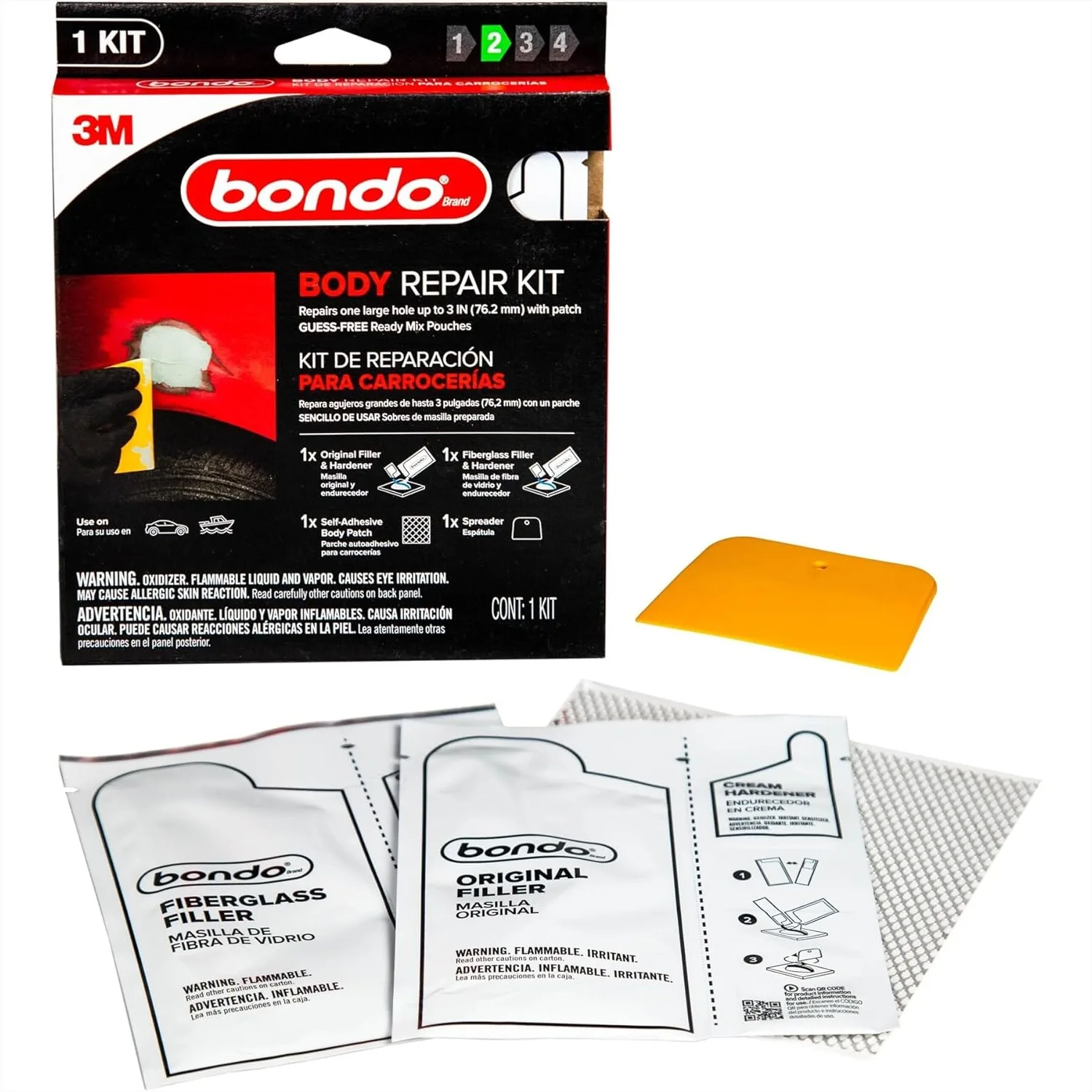 

Bondo Body Repair Kit Ready Mix Pouches, Repairs One Large Hole Up to 3" with Patch, 1 Filler & Hardener, 1 Fiberglass Filler &