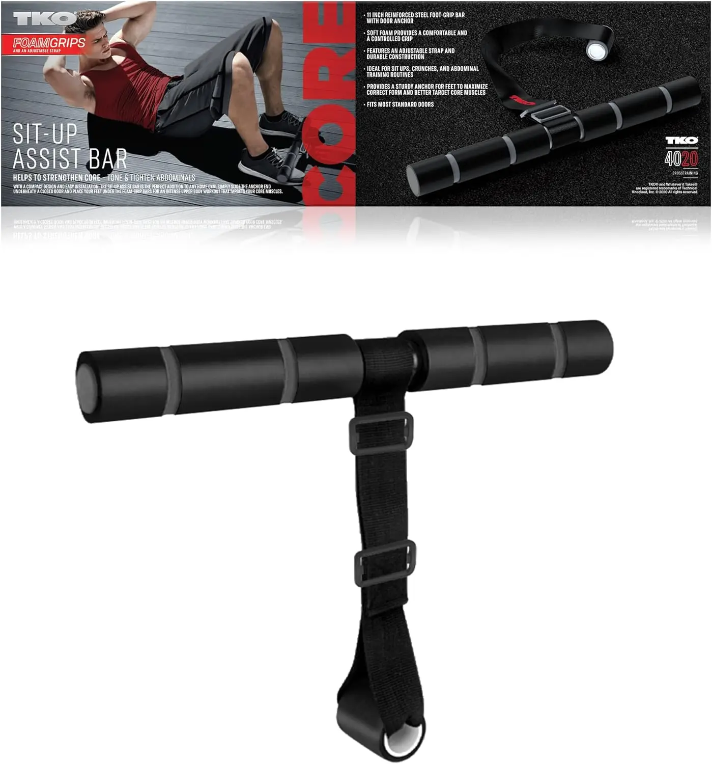 TKO Sit Up Assist Bar - Reinforced Steel Foot-Grip with Door Anchor, Soft Foam for Comfort, Adjustable Strap, Durable for Sit Up