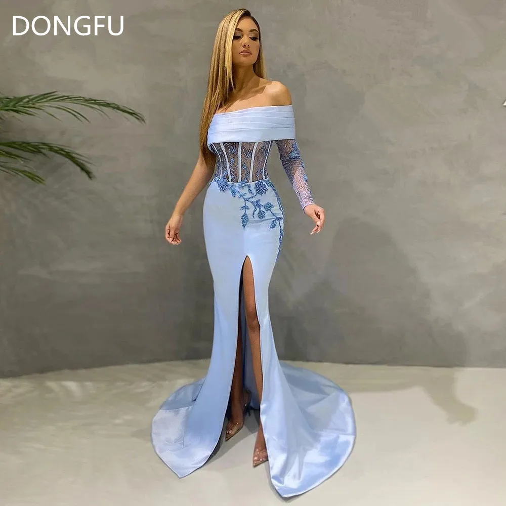 Sky Blue Mermaid Dubai Evening Dresses Lace Beaded Long Sleeves Women Prom Party Gowns Saudi Arabic Slit Evening