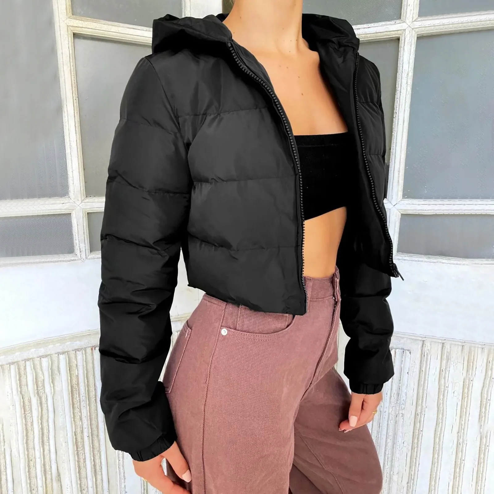 2024 New Women Drawstring Crop Coats Solid Color Bomber Jacket Autumn Winter Zipper Hooded Outwear Coats