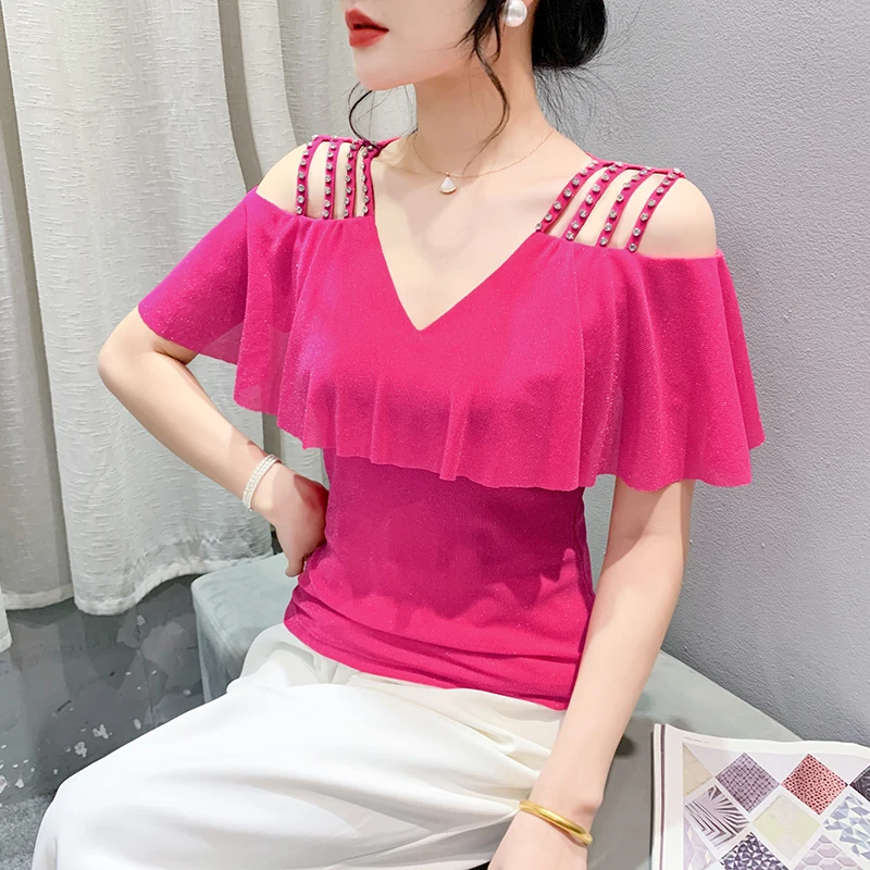 Black Summer Korean Style T-Shirt Chic Sexy Women V-Neck Hollow Out Shiny Diamonds Ruffles Tops Short Sleeve Tees 2024 New 45160