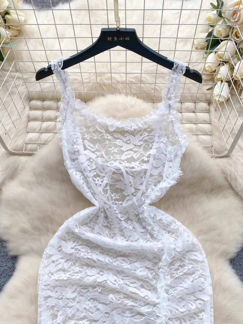 Women Sexy Perspective Lace Sling Dress New Fashion Women Design Long Dress Summer Base White Ruffled Backless Dress