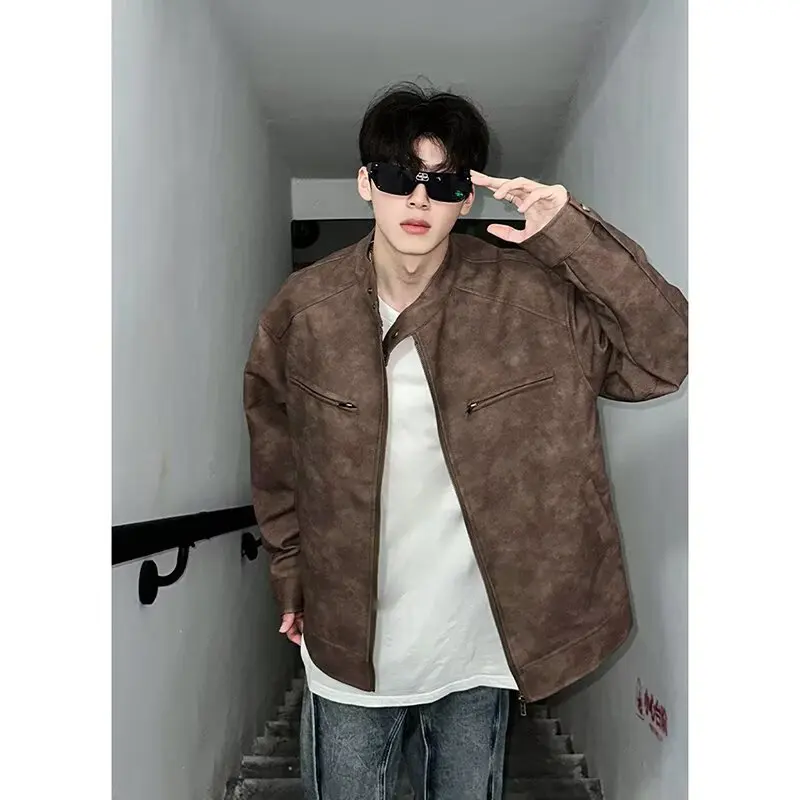 

Loose Fit Casual Leather Jaet Men's American Sle Versatile Top Sve Zipper Procing Polyester Fabric Outdoor Wear