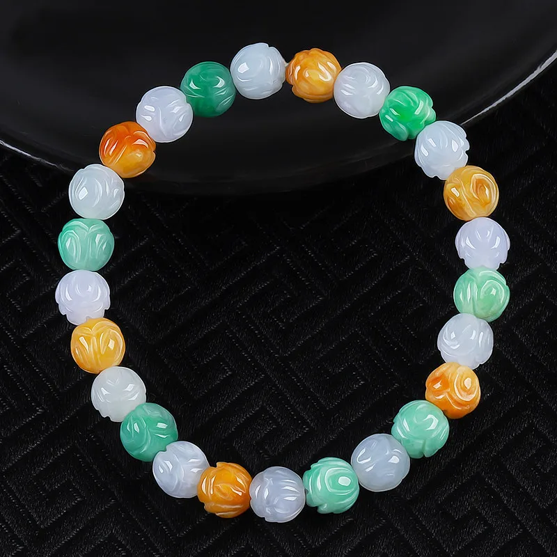 

Factory Supply Natural A- Level Ice Waxy Kinds Three-Color Lotus Jade Women's Bracelet Wholesale with Certificate