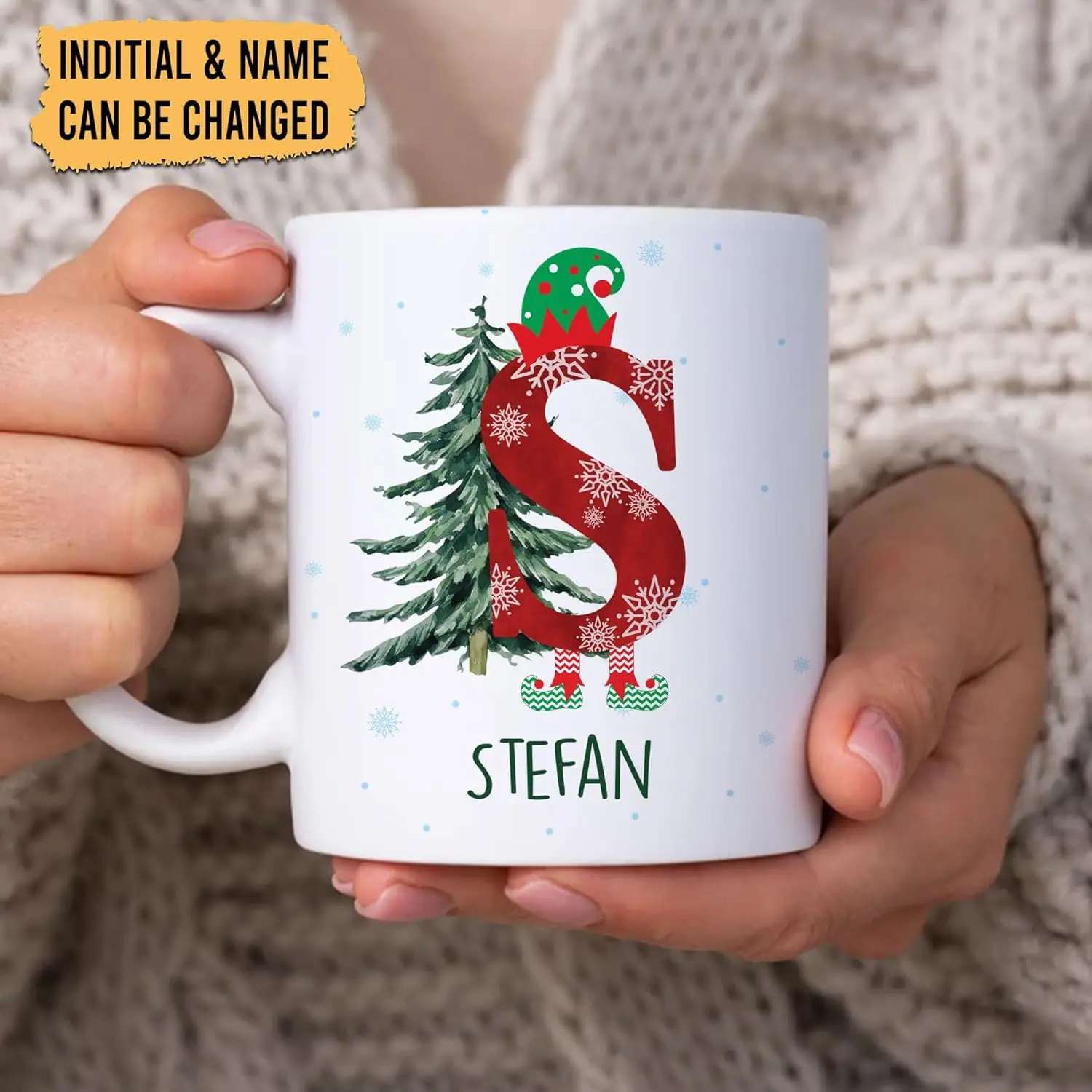 Personalized Elf Christmas Gifts For Family - Custom Name Initial Ceramic Coffee Mug Cup 11oz - Monogram Alphabet