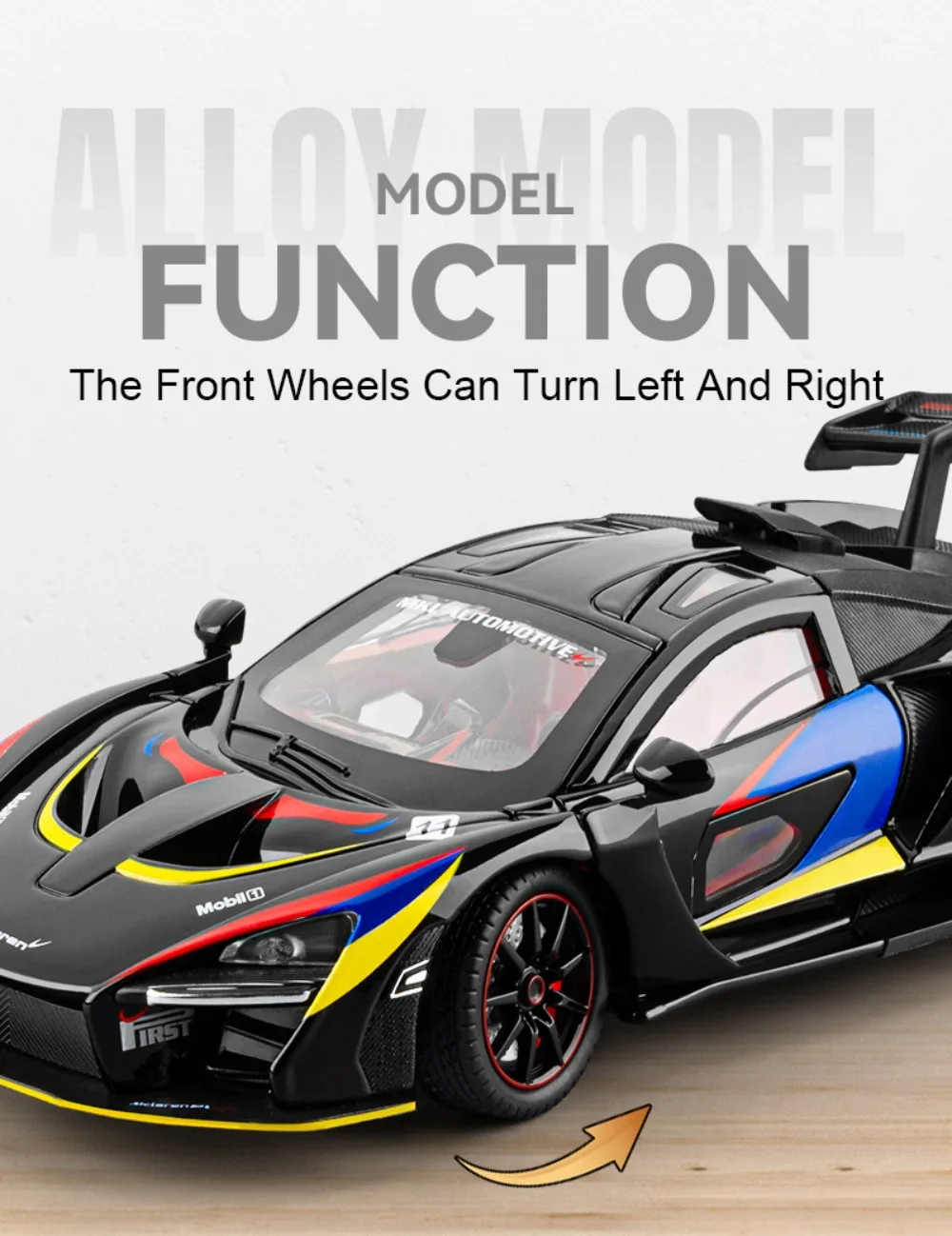 1:24 Senna GTR 720S Miniature Model Alloy Diecast Sports Car Toys Front Wheel Steering Sound Light Pull Back Boys Festival Gifts