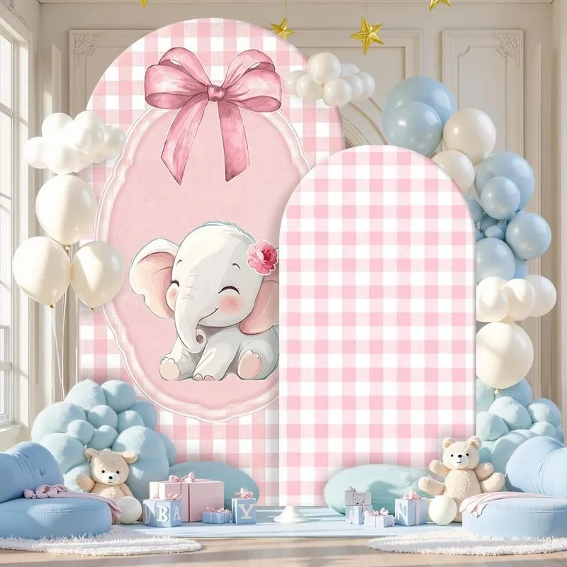 Elastic Double-layer Arch Backdrop Cover Pink Elephant Theme Backdrop Set with Gingham and Watercolor Designs Featuring Bow