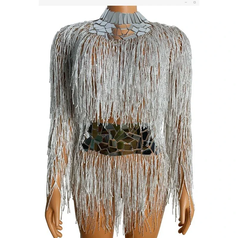 

Sparkly Mirrors Fringes Bodysuit Birthday Celebrate Outfit Backless Dance Costume Women Dancer Tassel Leotard Show Stage Wear