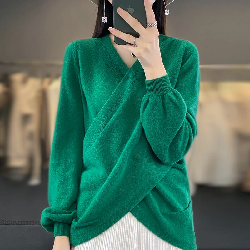 Women 100% Fine Merino Wool Sweater Cross V-neck Lantern Sleeve Pullover Autumn Winter Cashmere Casual Knit Warm Irregular Tops