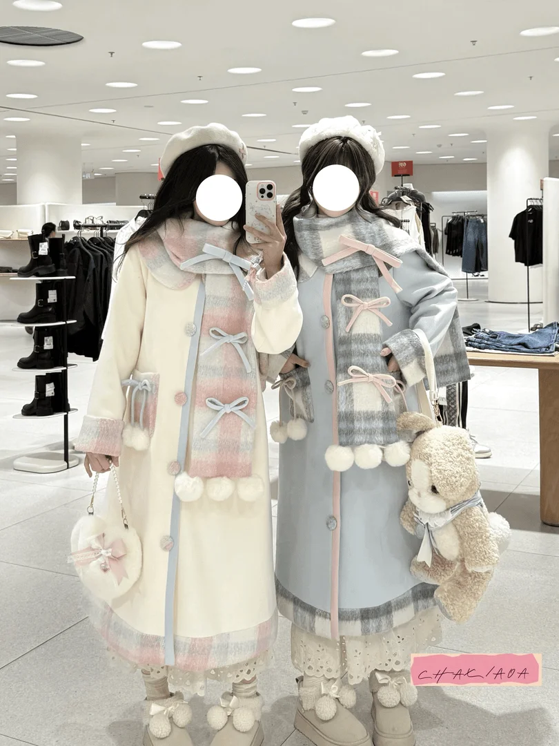 

Japanese Christmas Wear Sweet Less Loli Woolen Coat Plus Scarf Set Autumn and Winter College Style Splicing Medium and Long Coat