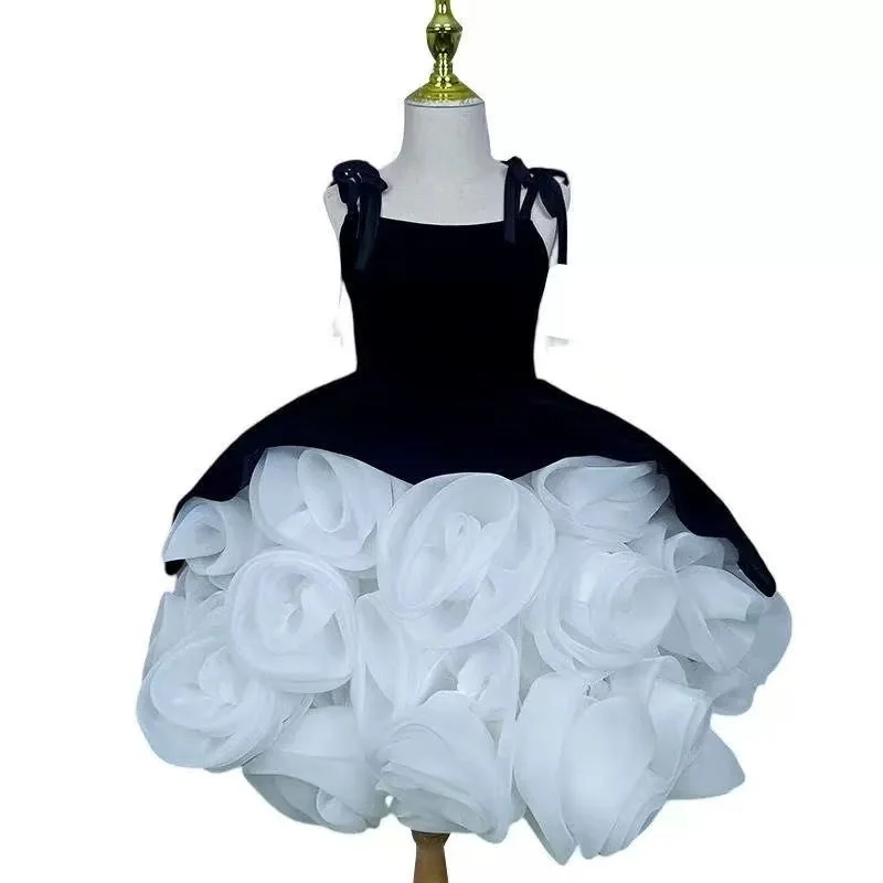 3-12Y Girls' Princess Dress Baby Girl's Black Velvet 3D Rose Flower Princess Birthday Gown 100-160cm