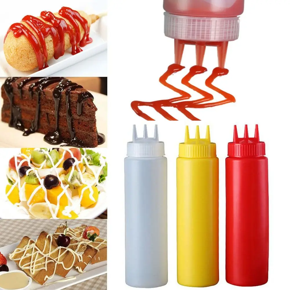 Nueva botella de plástico para salsa exprimidora graduada, 3 boquillas, barcos para salsa, accesorios de cocina, contenedor de mermelada para ensalada