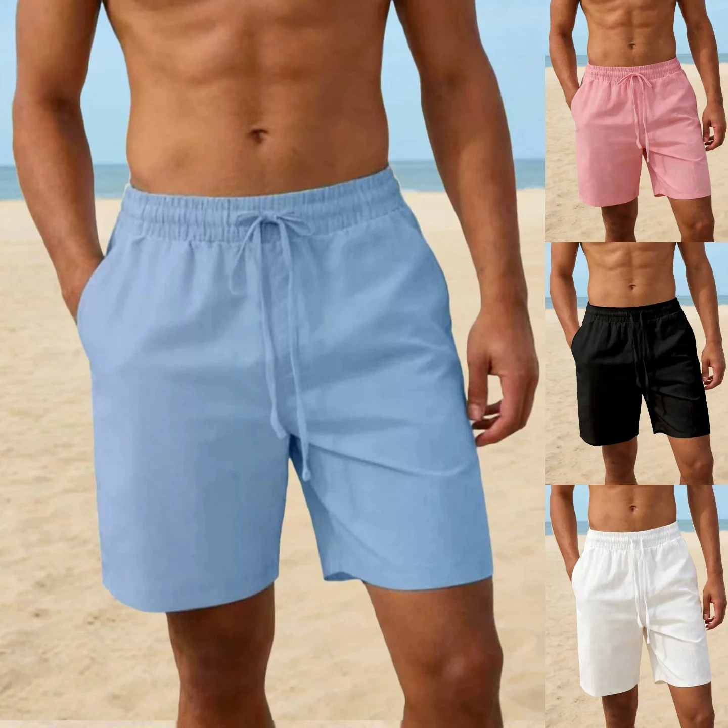 

Summer men's casual beach shorts, comfortable and breathable sports shorts, plain color loose quick-drying drawstring shorts