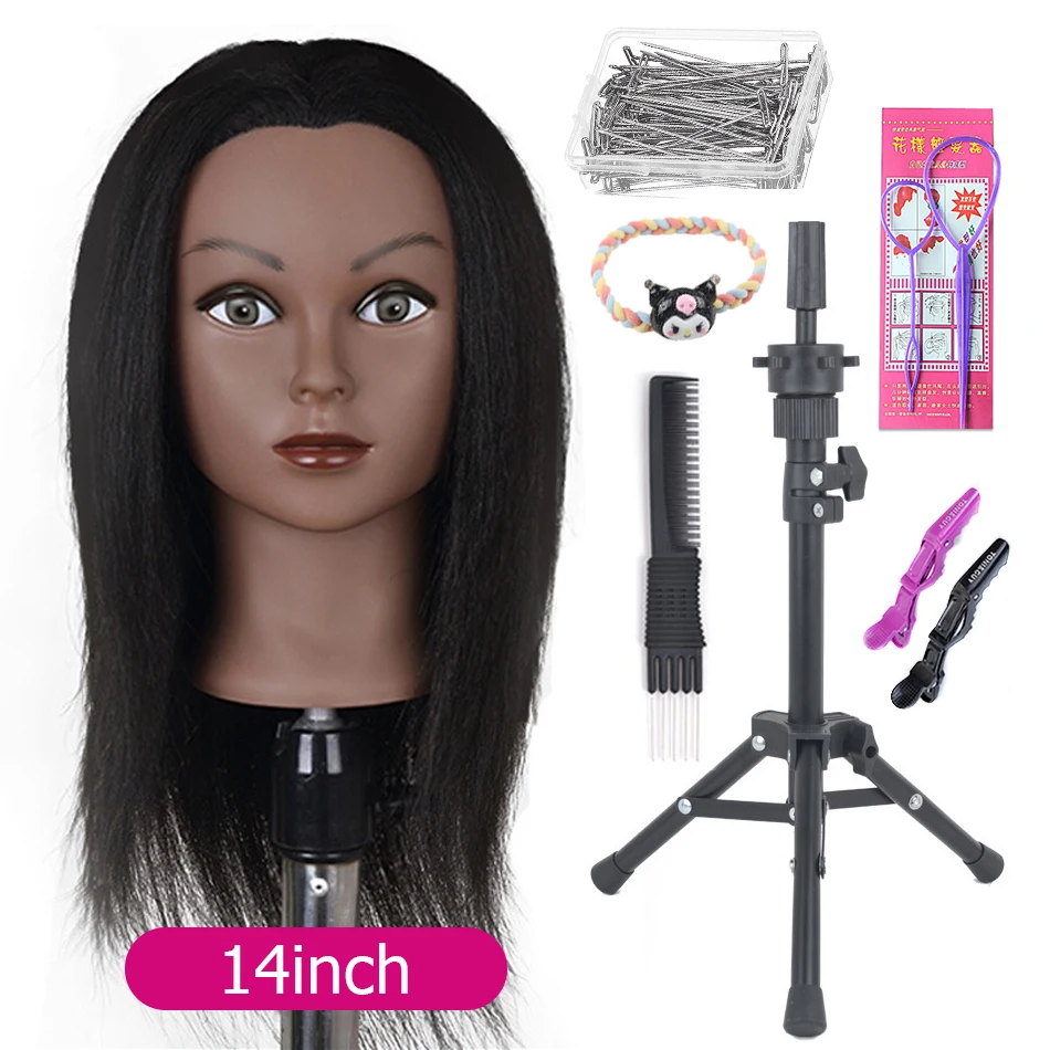 Afro Mannequin Heads With 100%Real Hair With Adjustable Tripod Hairdressing Dolls Training Head For Practice Styling Braiding