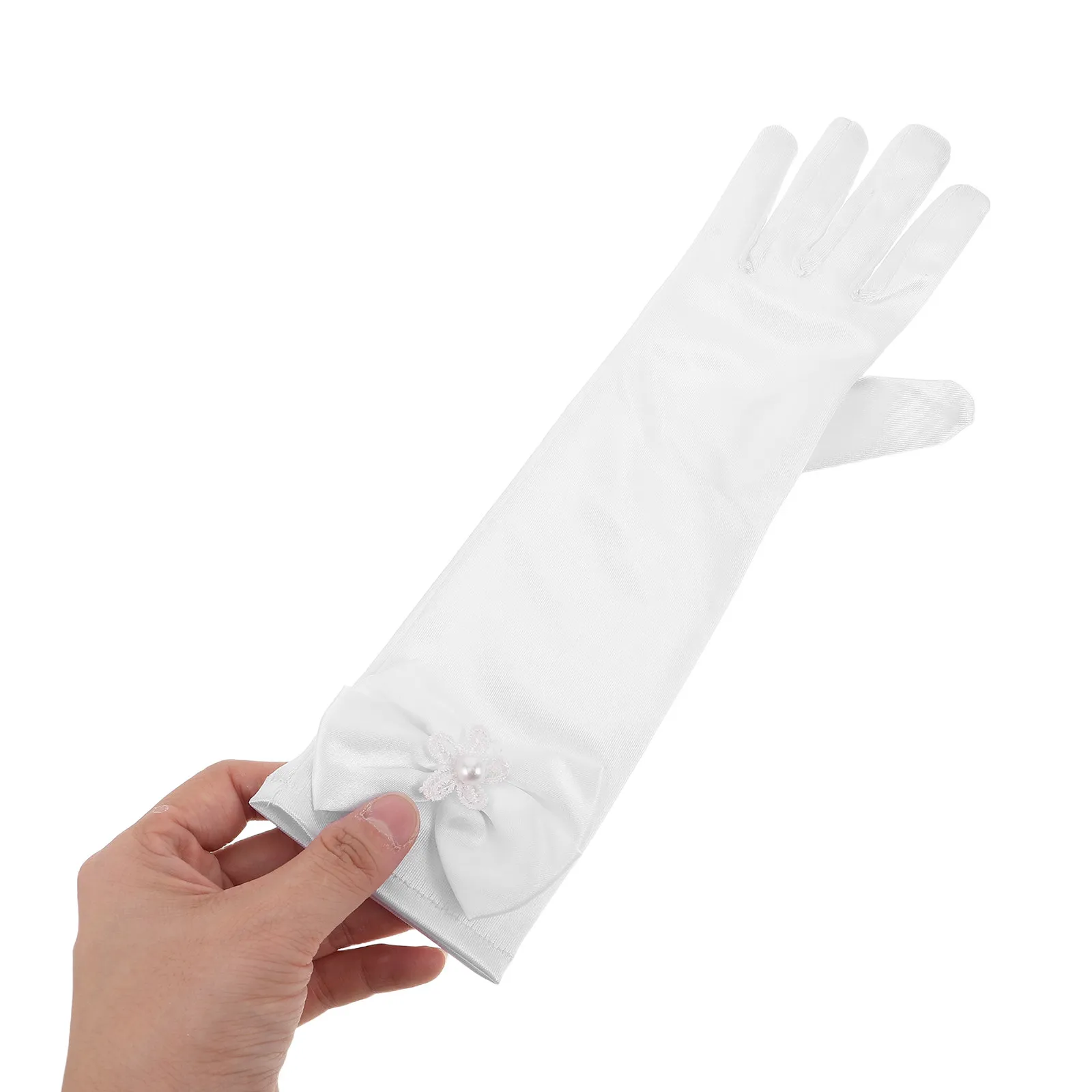 

2Pcs White Satin Elegant Bowknot Children's Gloves Flower Girl Dress Mittens for Wedding Birthday Halloween Party Costume