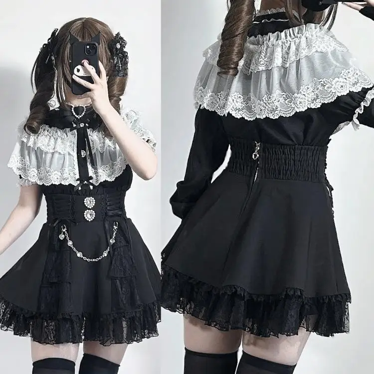 

SOIOMES Sweet Elegant Kawaii Slim Japanese Lovely Lace Cape Sleeve Short Sleeved Black Shirt Short Skirt Suit