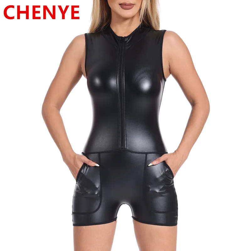 Women Shaper Metallic Front Zip Mock Neck Catsuit Bodysuit Sexy One Piece Leather Short Jumpsuits Tank Top Shapewear with Pocket