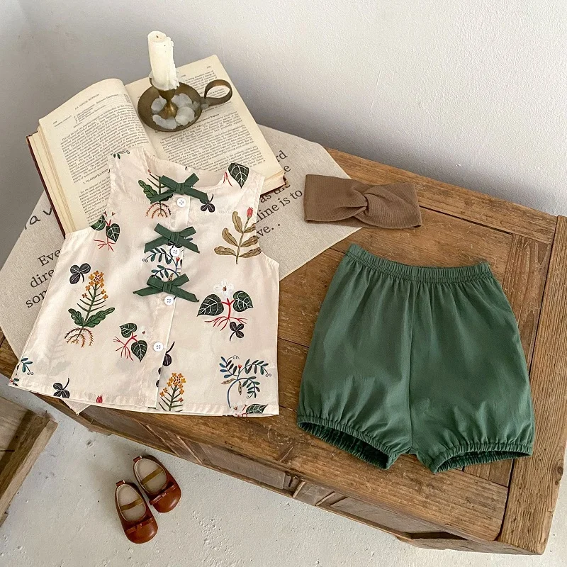 

INS Summer Baby Shorts Set 0-3Years Newborn Kids Sleeveless Print Bow Vest Tops+Elastic Waist PP Bloomers Bottom 2PCS Clothes