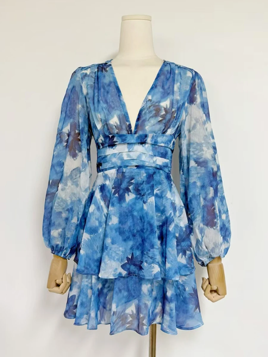 VGH Hit Color Print Slimming Short Dress For Women V Neck Lantern Long Sleeve High Waist Spliced Ruffles Dresses Female Fashion