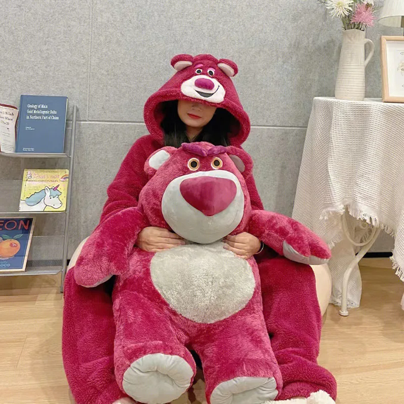 Disney Lotso Plush Thick Cosplay Costume Anime Women Nightgown Winter Warm Clothes Hooded Hoodie Cartoon Cute Girl Onesie Pajama