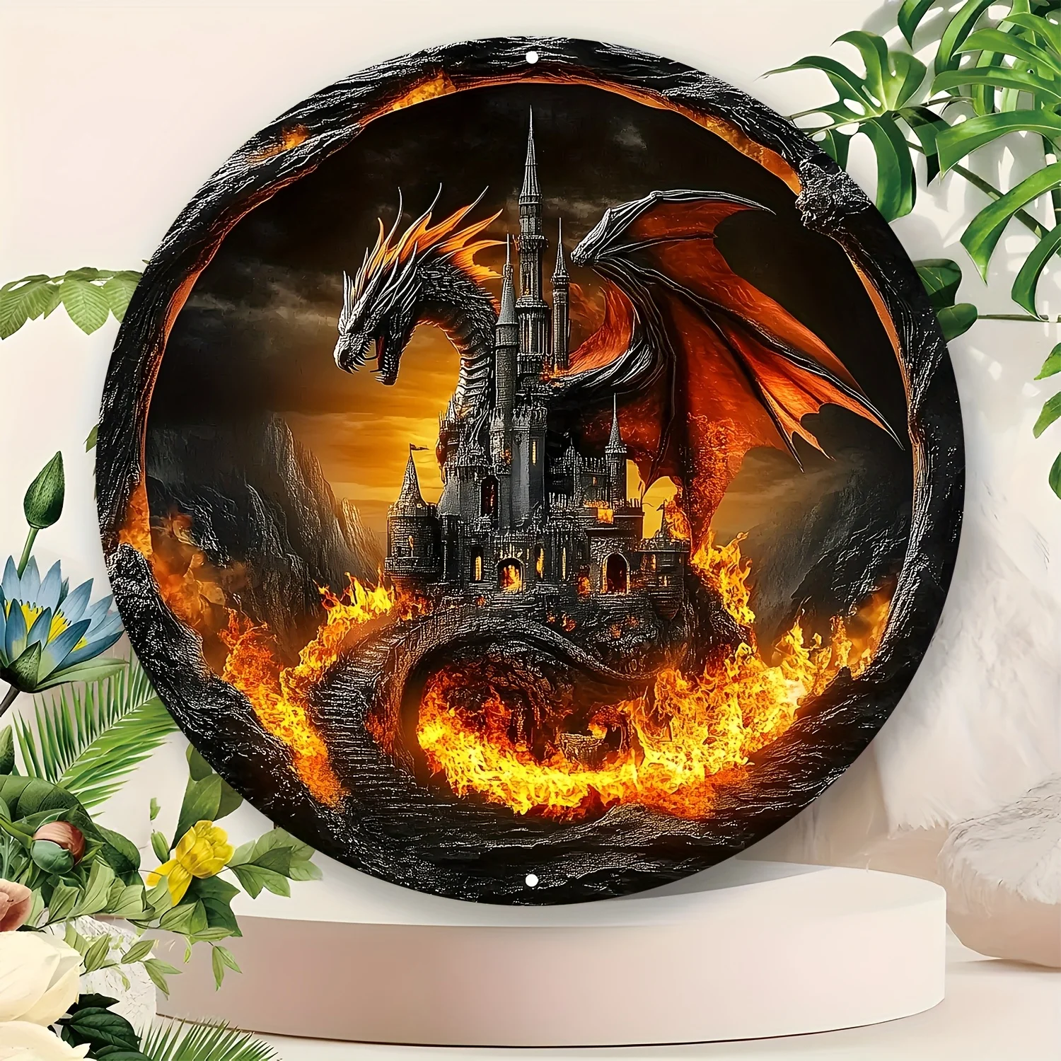 Vintage Fantasy Fire Dragon Castle Emblem Wall Art - Round Aluminum Metal Wall Decor with Intricate Dragon Flames, Dark Castle