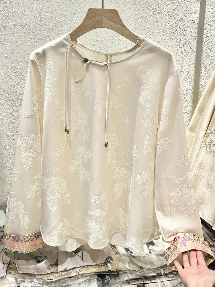 

Retro Chinese Style Shirt Tassel Embroidery Loose Splicing Button up Top Korean Style round Neck Long Sleeve Casual Fashion