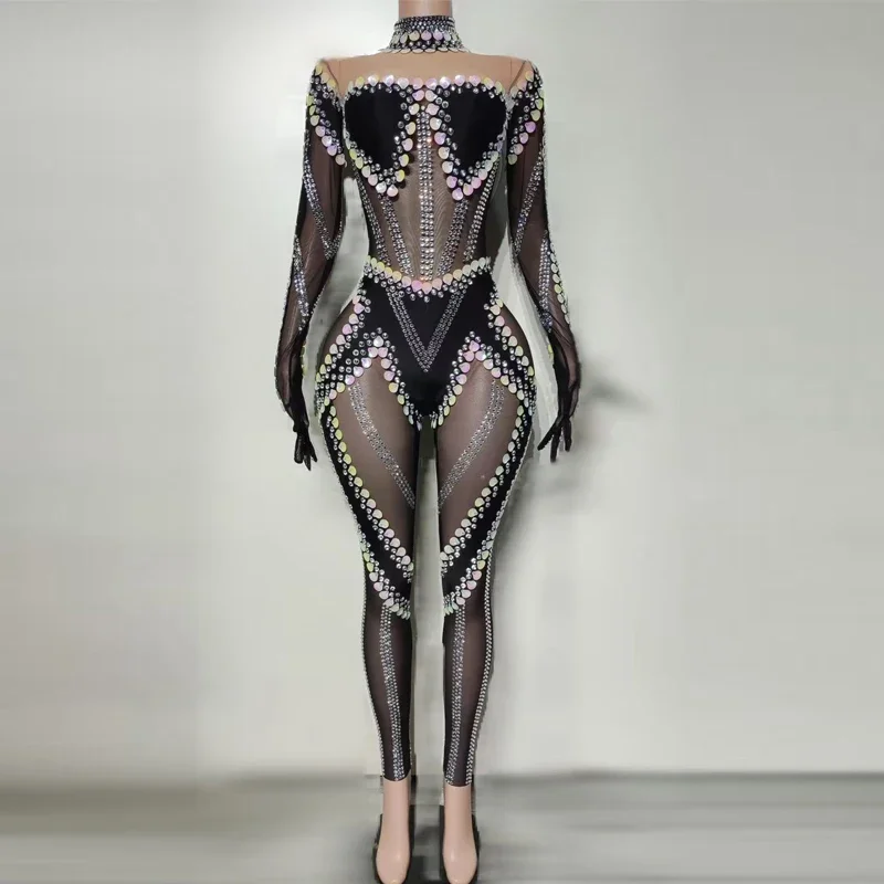Shining Rhinestones Carnival Performance Costumes Fashion Nightclub Dancer Pole Dancing Stage Costumes Acrobatic Women Jumpsuit