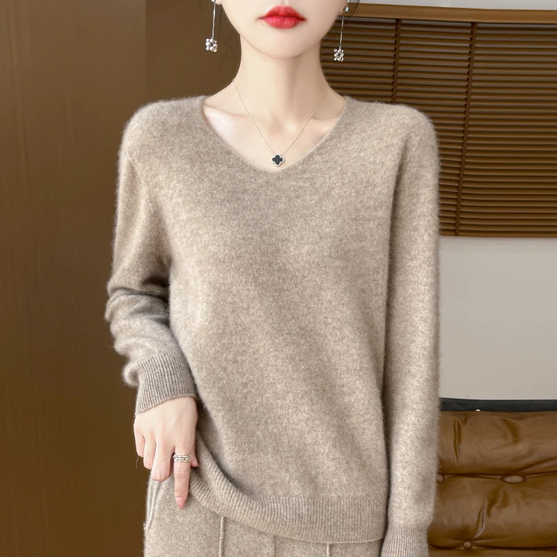 100% Wool Cashmere Sweater Women\'s 2024 Autumn/Winter New V-neck Knitted Pullover Solid Color Long Sleeve Soft Comfortable Tops