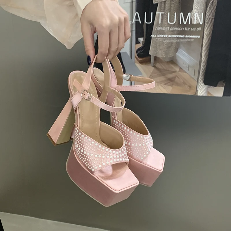 15cm Chunky Platform Shoes Pink High Heels Sandals For Woman Summer Ladies Party Shoes Fashion Pearl Heeled Sandals Big Size 41 view 5