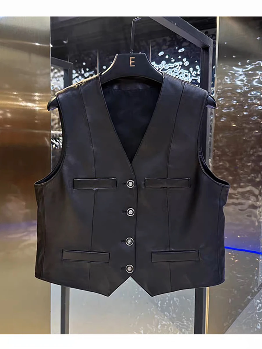 Damska kamizelka ze skóry naturalnej, vintage, dekolt w serek, taliowana, elegancka, bez rękawów, gilet, kurtka.