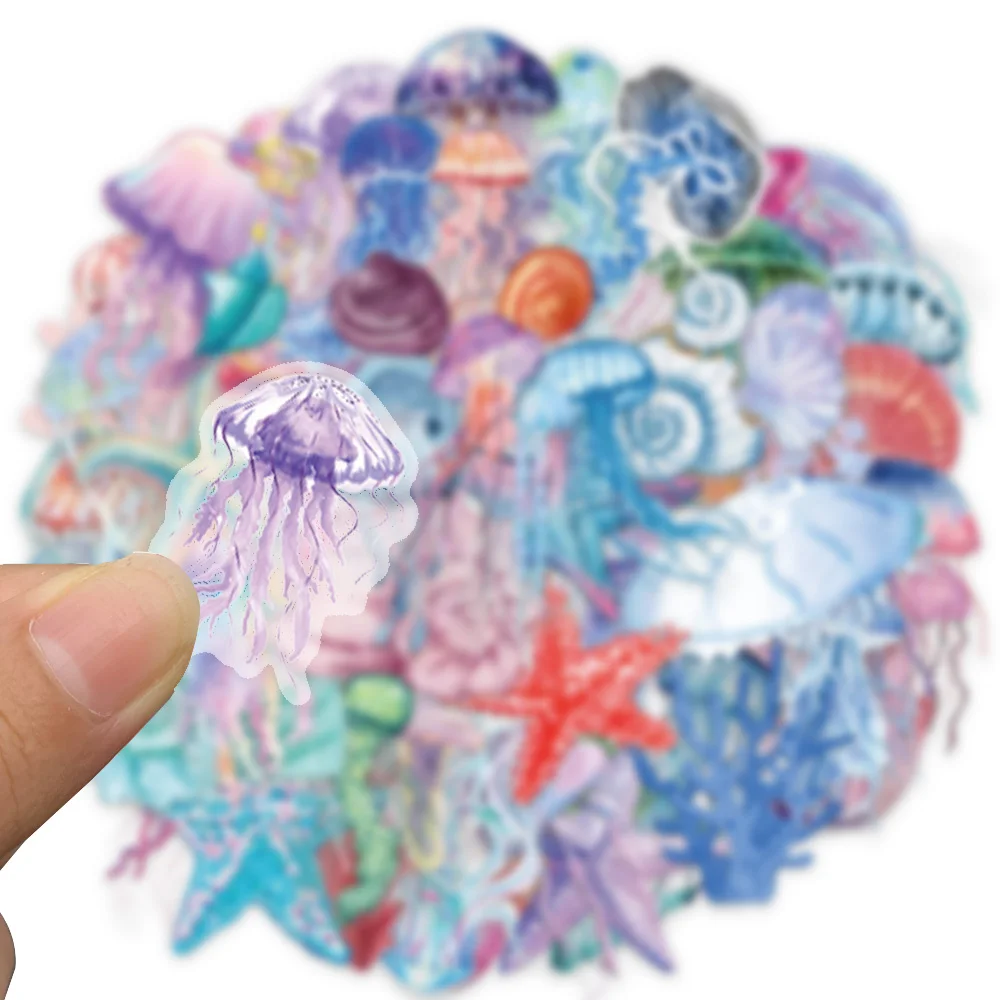 50PCS Set of Tropical Fish Graffiti Stickers Jellyfish Sea Star Shell Coral Stickers Decorative Frame DIY Waterproof Stickers image 2
