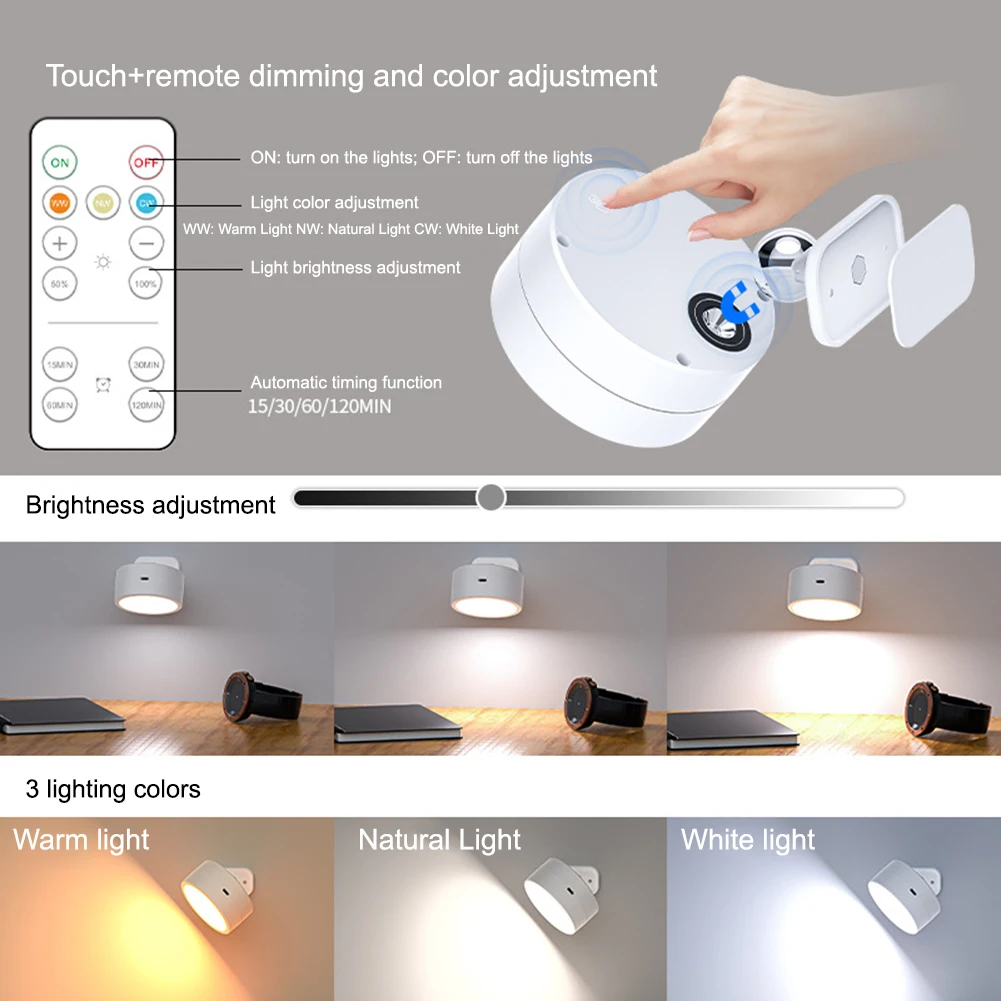 โคมไฟติดผนัง USB โคมไฟตั้งโต๊ะแบบชาร์จไฟได้ไฟไฟ LED กลางคืน3สีหมุนได้360 ° pelindung Mata แบตเตอรี่2000 mAh