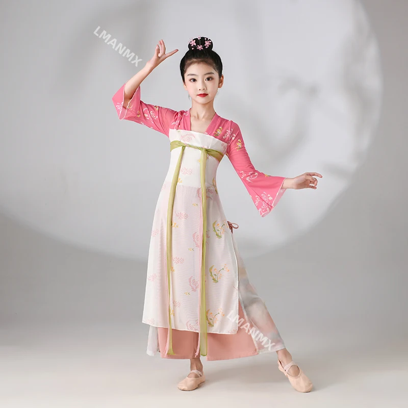 Children's classical dance costume, elegant Hanfu, chest length ripped skirt for girls, long and graceful chiffon dress