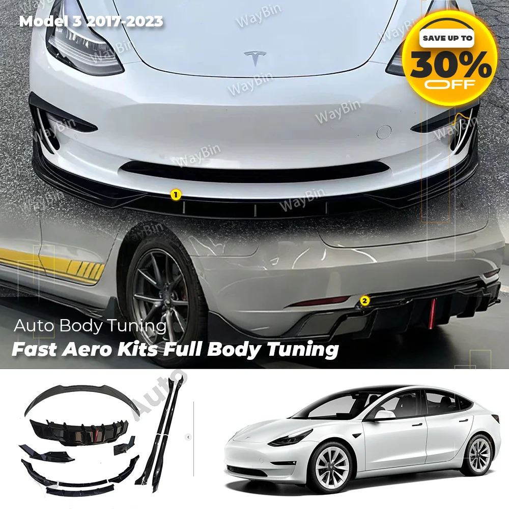 

Fast Aero Front Lip Spoiler & Rear Bumper Lip with LED Kit for Tesla Model 3 2017-2023 - Side Skirt Full Body Kits Accessories