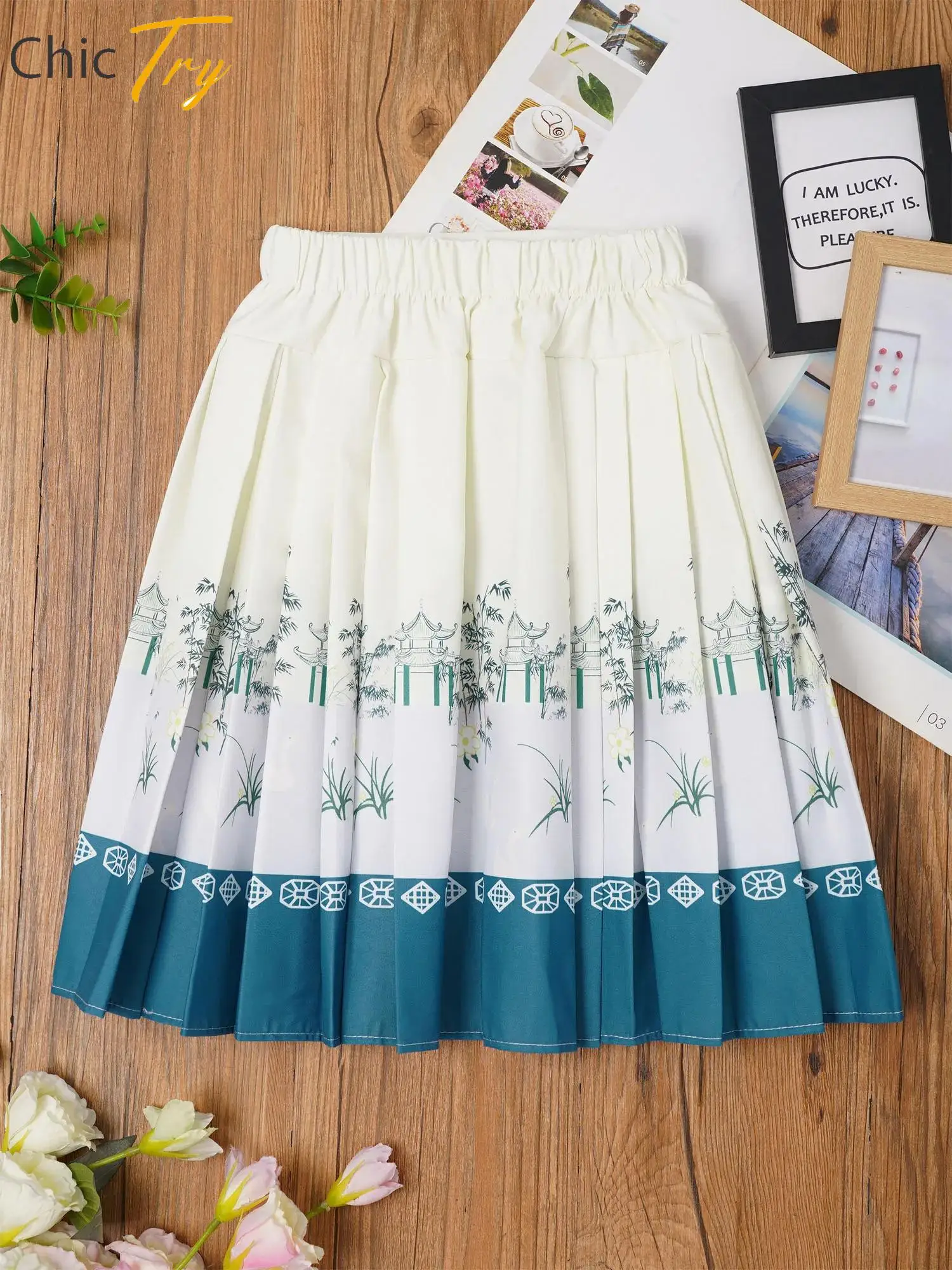 

Chinese Style Horse-Face Skirt Traditional Birthday Halloween Theme Party Costumes A-Line Printed Pleated Skirts for Kids Girls