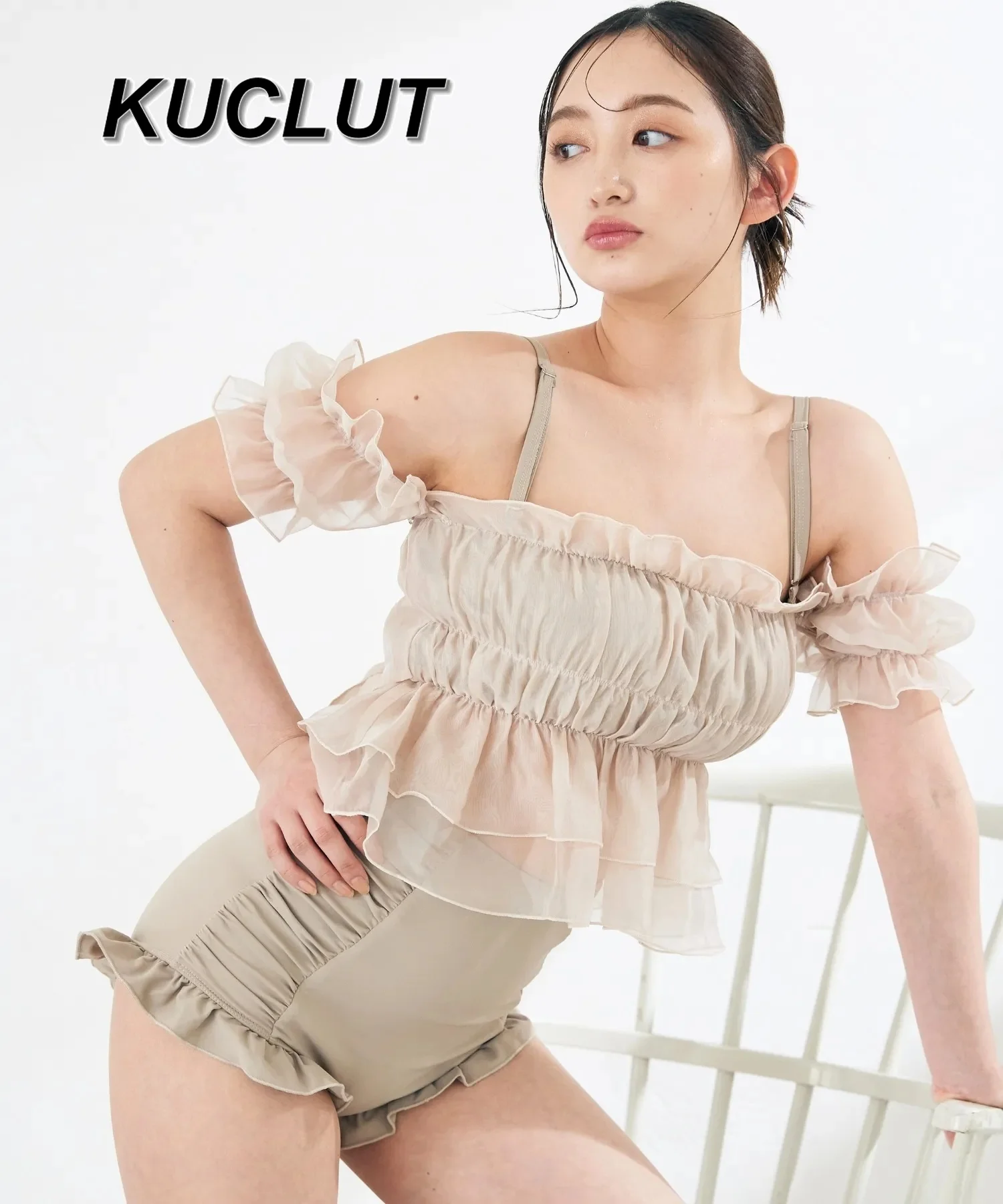 

Japanese New Summer Sweet Swimsuit Skinny Off-Shoulder Lapel Ruffle Bubble Short Sleeve Shirt Top Shorts 2-piece Swimsuit Women