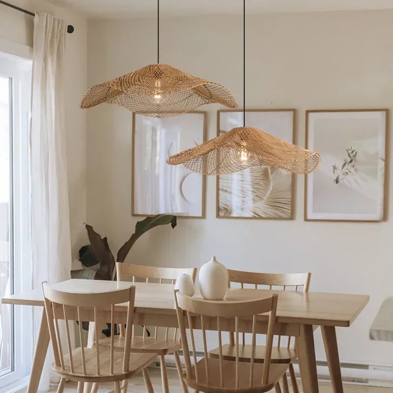 Wabi-sabi Retro Rattan Lamp Restaurant Pendant Lights Dinning Room Hotel Loft Suspension Luminaire Rattan Straw Hat Chandeliers