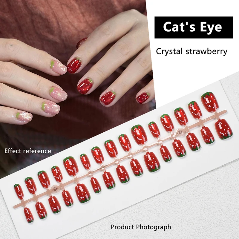 30 個のフェイクネイルシンプルな人工プレスオンネイルチップネイルアートキャットアイ付け爪着用アーマーウェアラブルスイカイチゴ