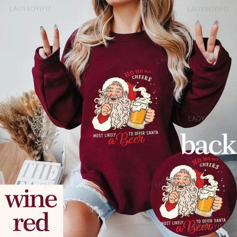 Mujer más simpática de ofrecer Santa una cerveza impresa sudadera creativa Feliz Navidad ropa de calle hombro caído cálido Sudadera con capucha Unisex