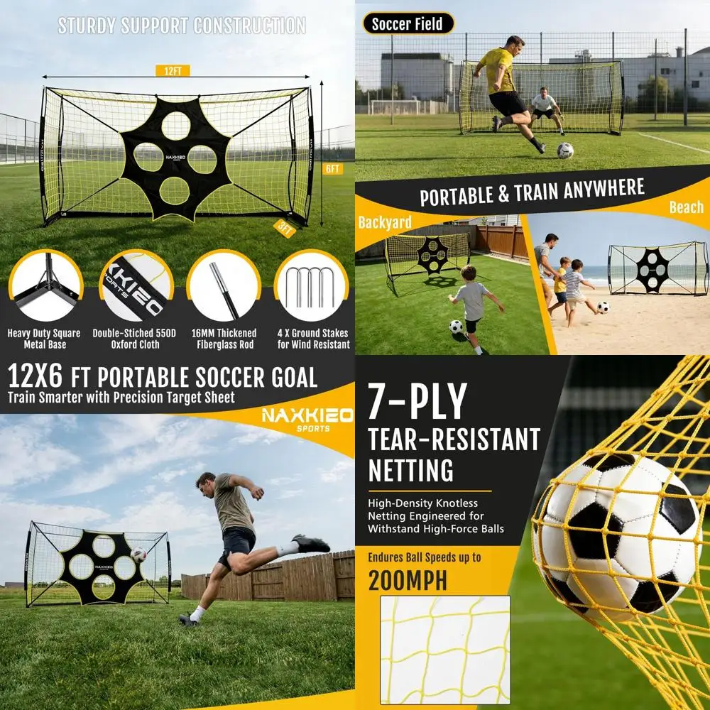 

Портативный футбольный воротник 12x6 футов с мишенью, тренировочными конусами, металлическим основанием, прочной сеткой и сумкой для переноски