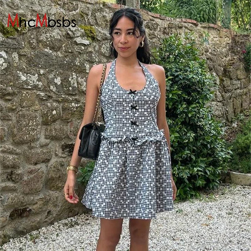 

Sexy Halter Lace Up Backless A-line Mini Dress Women Plaid Print Vintage Sundress 2024 Summer Fairy Core Birthday Clothes