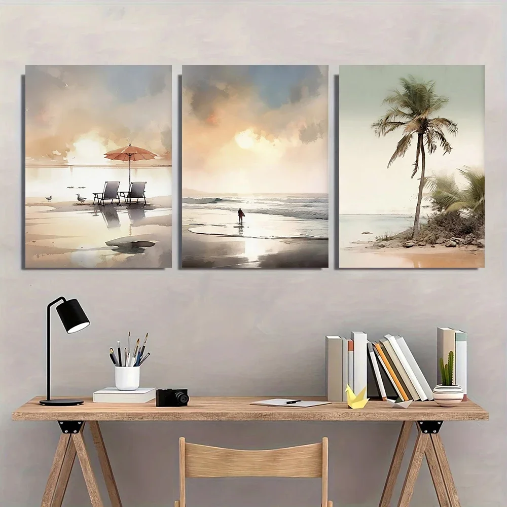 3pcs Boho Sun Lounger Abstract Beach Landscape Sea Sunset Palm Trees Canvas Painting Poster Print Home Living Room Wall Art